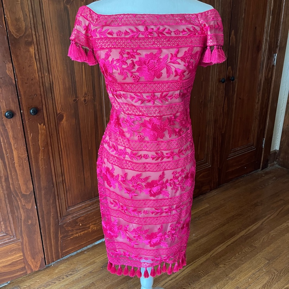 Tadashi Shoji Fuchsia Off-the-Shoulder Lace Dress with Fringe - Size 6